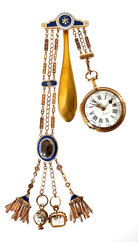 Eighteenth century watch with diamond and enameled chatelaine (estimate $6,000-$8,000). Cordier Auctions & Appraisals image.